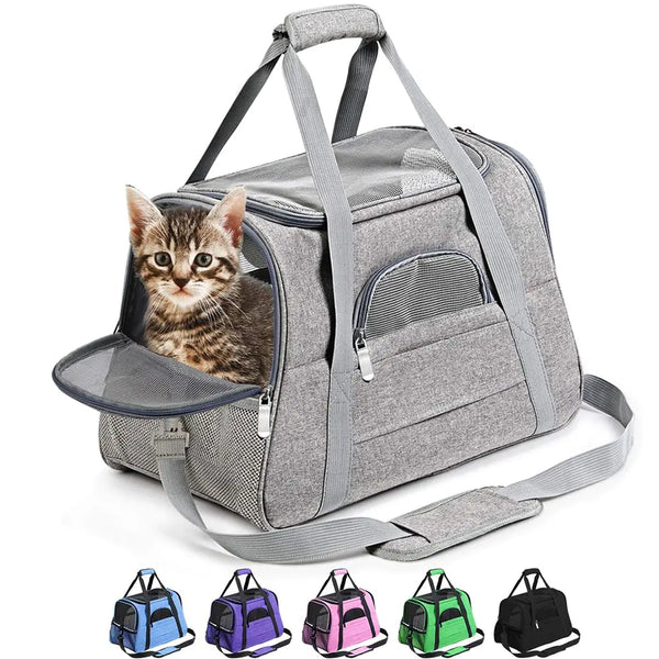 A gray pet carrier travel bag with mesh windows, shown with a small cat inside. The bag has a shoulder strap for carrying and is displayed in various color options below.